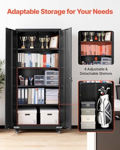 VEVOR Metal Storage Cabinet, 72.6 in Rolling Steel Garage Cabinet with 4 Adjustable Shelves, 2 Magnetic Doors & 2 Keys, 5 Tiers Lockable Tool Storage for Pantry, Warehouse, Basement, Office, Black