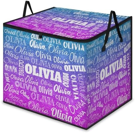 Custom Comforters Storage Basket with Lid, Personalized Name Large Organizer Bin for Pet/Children Toys, Books, Clothes, Perfect for Rooms/Playroom, Gradient Blue Violet Purple Glittering
