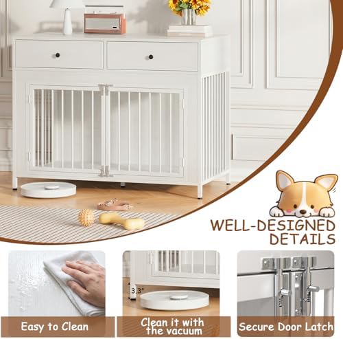 2 Pcs Large Dog Kennel Furniture with 2 Drawers, Wooden Dog Crate, White | 44 inch dog crate furniture with storage, decorate end table, dog cage for small medium large dogs
