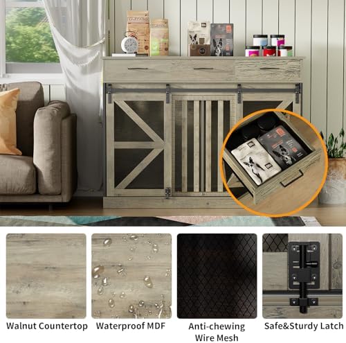 kepptory 48 Inch Large Dog Crate Furniture with 3 Storage Drawers, Wooden Pet Kennel with Removable Divider, Dog Kennel End Table TV Stand, Farmhouse Style Dog Crates with Sliding Barn Door(Grey)