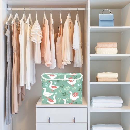 Storage Bins with Lids Geese Leaves Pattern Foldable Storage Boxes with Handles Large Storage Basket Collapsible Organizer Containers for Closet Home Bedroom Office