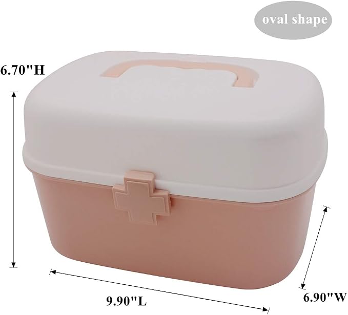 Plastic First Aid Storage Box Container Bin with Removable Tray and Portable Handle, Family Emergency Medicine Kit Case Organizer, White&Pink