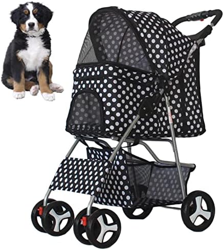 Dog Stroller, Pet Strollers for Small Medium Dogs & Cats, 4 Wheels Dog Jogging Stroller Folding Doggy Stroller with Storage Basket Traveling Strolling Cart,Black Polka dots