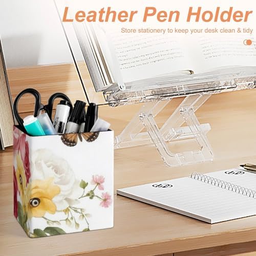 Women's Pen Cup Pencil Holder Makeup Brush Storage Flower Shabby Chic Roses Buds Leaves Tulips Floral Butterfly Leather Desk Organizer