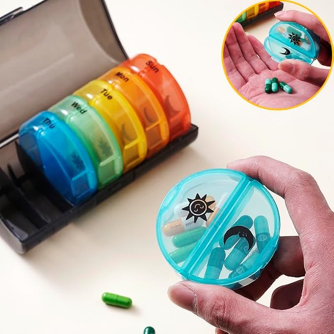 Weekly Pill Case Organizer, Twice a Day, AM PM Vitamin Reminder | Colorful 14 Compartments with Box, Portable Travel Daily Medicine Dispenser Planner for Supplement, Fish Oil, Capsule
