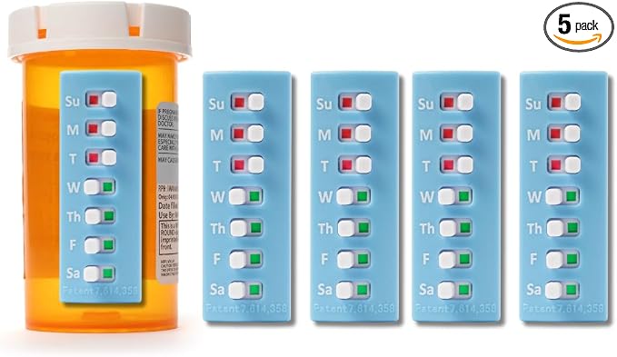 TAKE-N-SLIDE Peel and Stick Reusable for 12 + Refills, Pill/Medication/Vitamin/Pet Med Tracker & Reminder, Attach to Your Bottle, Organizer-Free, Curved‑Back (Blue, 5-Pack)