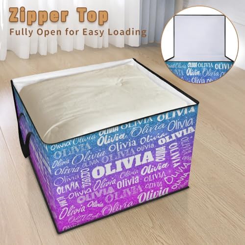 Custom Comforters Storage Basket with Lid, Personalized Name Large Organizer Bin for Pet/Children Toys, Books, Clothes, Perfect for Rooms/Playroom, Gradient Blue Violet Purple Glittering