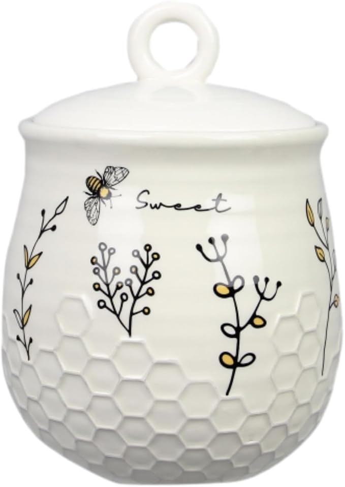 Young's Inc Honey Bee Ceramic Cookie Jar with Lid, Farmhouse Kitchen Storage Canister for Cookies, Treats,Coffee,Tea,Snacks,7.8 Inch Sweet Bee Decor Rustic Kitchen Container