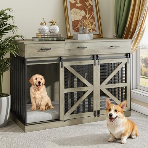 kepptory 48 Inch Large Dog Crate Furniture with 3 Storage Drawers, Wooden Pet Kennel with Removable Divider, Dog Kennel End Table TV Stand, Farmhouse Style Dog Crates with Sliding Barn Door(Grey)