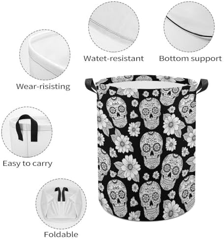 Collapsible Storage Hamper with Handles Floral Sugar Skulls Black, Waterproof Laundry Basket for Clothing, Toys, and Bathroom Use