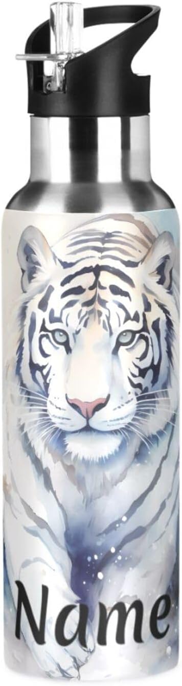 Custom Name Tiger Walk Water Bottle with Straw Lid Kids Insulated Stainless Steel Water Flask Sports, 20 Oz Hot Cold