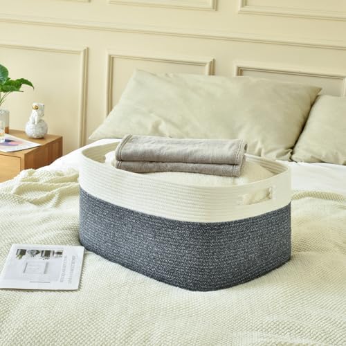 Issudata Large Blanket Basket, Rectangle Woven Baskets for Storage, Blanket Storage for Living Room, Cotton Rope Basket for Toys，Big Storage Basket for Blankets