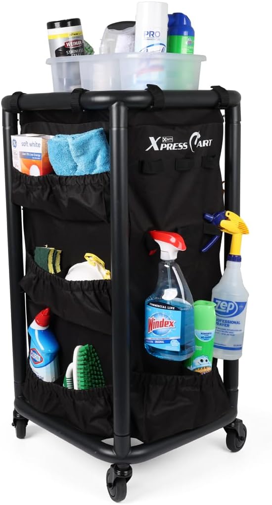 Rolling Janitorial Cart with Steel Frame, Organizer, Black Bag, Matte Black | Multipurpose rolling janitorial cart w/ steel frame, organizer storage, & black bag for cleaning, laundry, garage, & home use