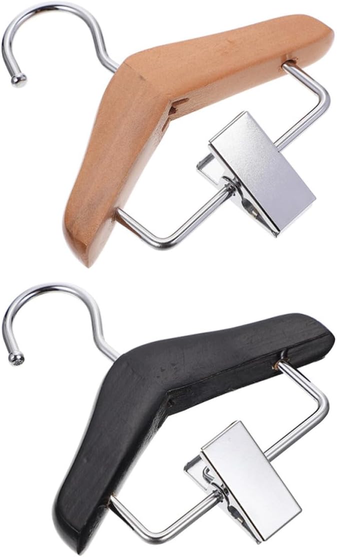 Pet Clothing Hanger for Wooden Clip Pants Rack 2pcs Dog Apparel | Black and Brown Finish, Stainless Steel Clamp Detail, Practical Organizer for Pet Clothes and Gift Giving
