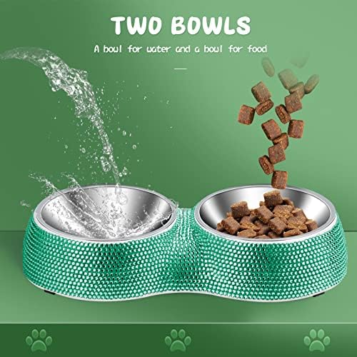 Dog Bowls Water and Food Bowls Stainless Steel with Non-Slip Resin Station and Bling Rhinestones, Pet Feeder Bowls for Puppy Medium Dogs Cats Puppy Pets (Green, Double)