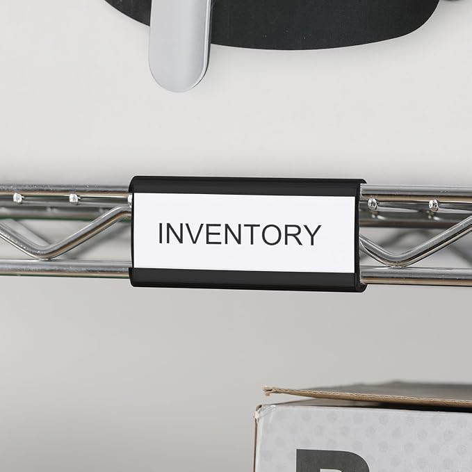 100Pcs Wire Shelf Label Holders with 100Pcs Label Paper Inserts, Black Plastic Wire Rack Label Holder Compatible with Metro and Nexel 1-1/4in Shelves, Label Area 3in Lx1.25in H