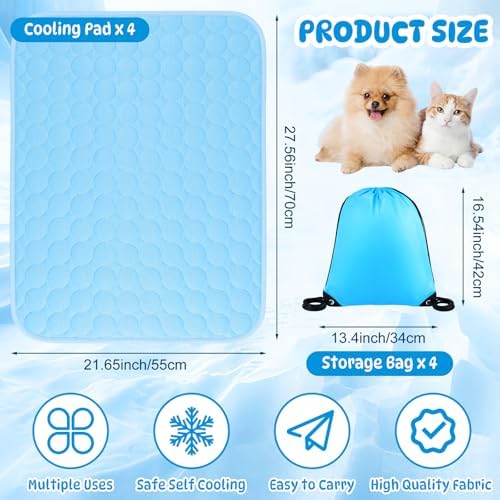 Chunful 27 x 21 Inches 4 Pcs Dogs Cooling Mat for Cats Pet, Summer Washable Dog Cooling Pad with Non-Slip Bottom & Storage Bags, Foldable Self-Cooling Blanket for Crate Sofa Floor Car
