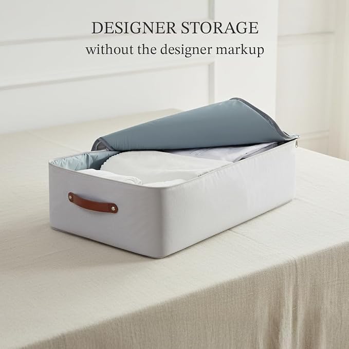 Under Bed Storage Container – Foldable Underbed Storage Bin for Clothes & Bedding, Premium Canvas Storage Box with Lid, Low Profile 8″ Organizer with Handles