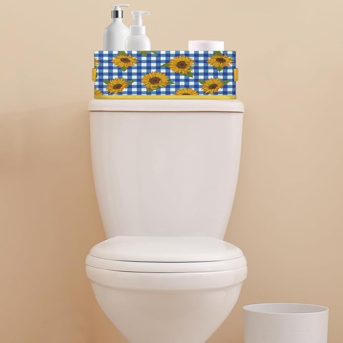 Sunflower Blue White Plaid Bathroom Storage Basket, Foldable with Handle Open Countertop Paper Towel Decorative Box, Toilet Tank Top Shelf Baskets for Home Closet Bedroom Living Room Office