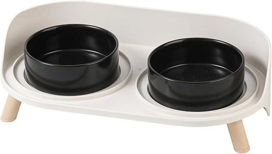 Raised Cat Food and Water Bowl Set - Elevated Ceramic Dishes with Non-Slip Stand and Splash Guard for Small Dogs - 2 x 320 ML (4.9 OZ) - Black