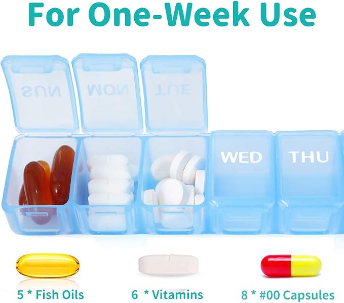 UHOUSE 2 Packs Weekly Pill Organizer 7 Day (Blue) | Pocket Daily Pill Case Pill Box for Pills/Vitamin/Fish Oil/Supplements