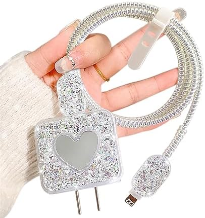 Glitter DIY Cable Protector Compatible for Apple iPhone Power Adapter with Mirror,Cute Bling Love Heart Design,Data Line USB Case Wire Cable Saver Phone Charger Protector for iPhone (Silver)