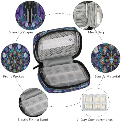 Pill Organizer Box Mandala Ethnic Style Purple 7-Day Weekly Medicine Pill Case Travel Pill Container Portable Pill Holder Storage Purse Bag Small Compact Size for Vitamin Supplement Birth Control