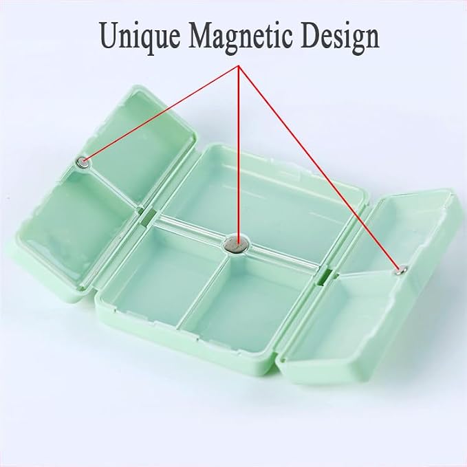 Small Magnetic Pill Case, 7-Day Weekly Travel Pill Box Container | 7 Compartments Medicine Organizer Dispenser, Daily Medication Holder Planner for Vitamin, Meds, Fish Oils, Supplement, Green