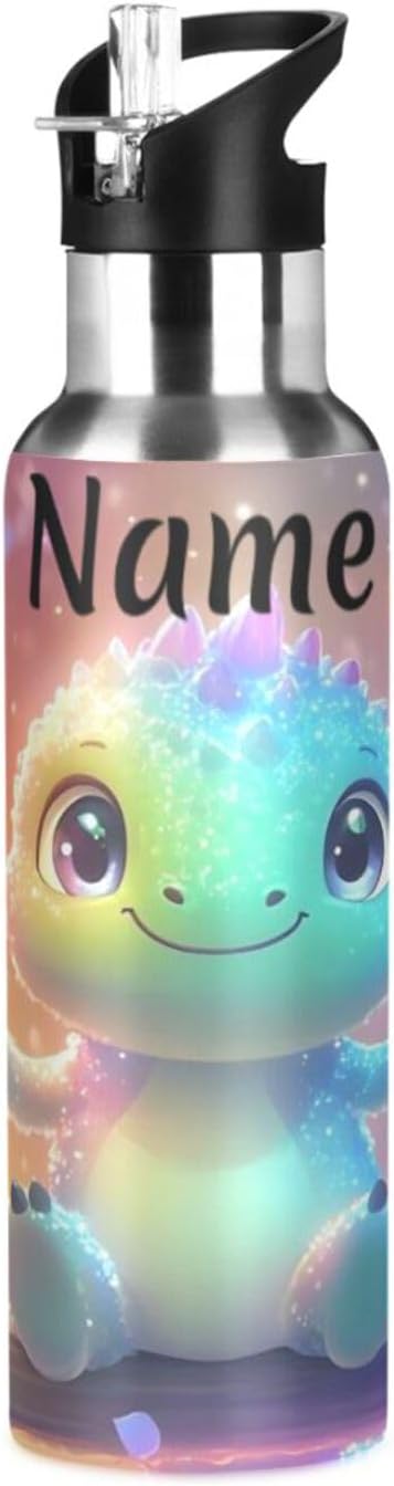 Custom Name Swing Dinosaur Water Bottle with Straw Lid Kids Insulated Stainless Steel Water Flask Sports, 20 Oz Hot Cold