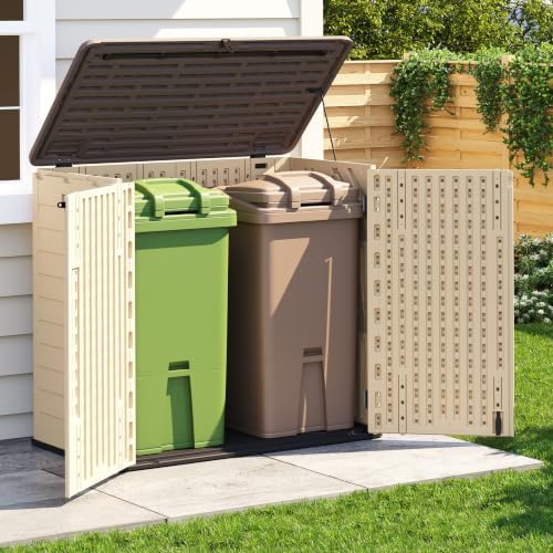 Horizontal Resin Storage Cabinet for Garage, 31 Cuft Waterproof Thickened Outdoor Resin Storage Shed with Floor & Lockable Double Doors for Patio, Garden and Trash Can, Khaki