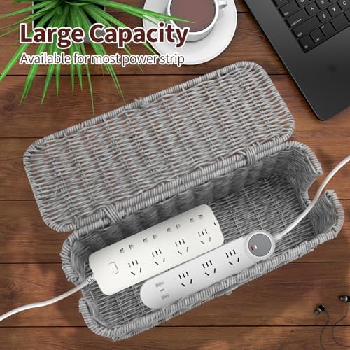 Cable Management Box, Desk Handwoven Rattan Cord Hider Cable Organizer Box With Lid Button Lock, Power Strip Cover Wicker Decorative Basket, Floor Wire Hiding Extension Cord Box (grey)