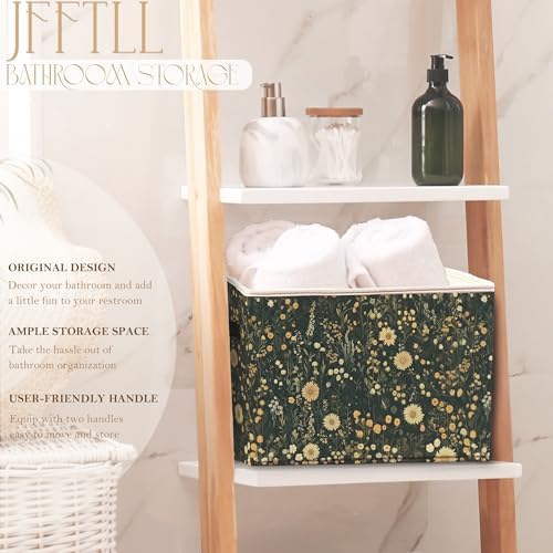 Vintage Boho Wildflower Storage Bins with Handles, Dark Cottagecore Floral Botanical Collapsible Laundry Basket Storage Box for Home Bedroom Bathroom Clothes Toys Books