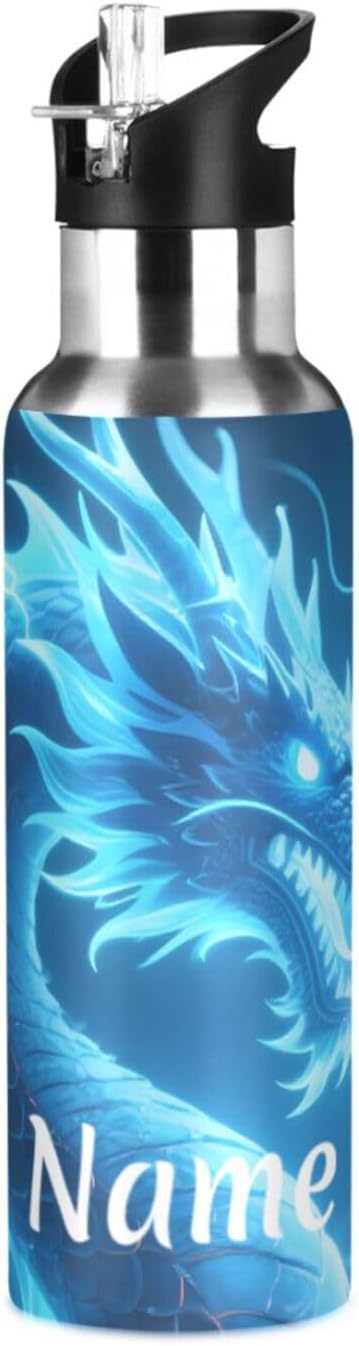 Custom Name Dragon Blue Lightning Water Bottle with Straw Lid Kids Insulated Stainless Steel Water Flask Sports, 20 Oz Hot Cold