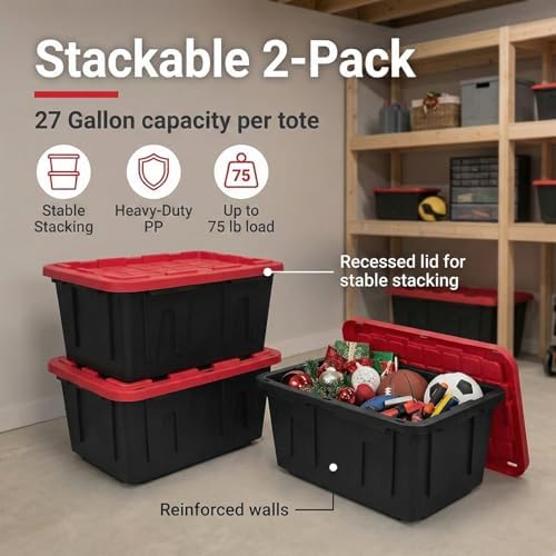 27 Gallon Heavy-Duty Storage Totes with Secure Snap Lids, 4-Pack Stackable Plastic Bins for Garage, Basement, Attic Organization - Black Base & Red Lid, Lockable Design for Indoor/Outdoor Use (4 PACK)