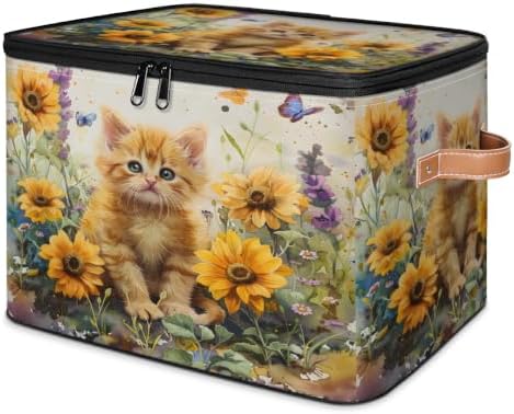Cat Floral Storage Box with Zipper Lid | Collapsible, Fabric, Storage Bin, Handle, Large, Closet Organizer, Containers, Bedroom, Home, Yellow Sunflower