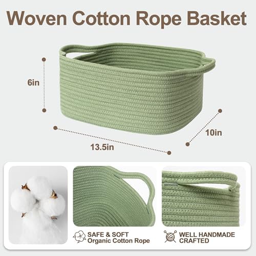 Cute Green Woven Basket, Empty Gift Basket for Christmas, Thanksgiving, Easter, Birthday, Cotton Rope Storage Bin with Handle for Gift, Dog Toy Box, Baby Nursery Organizer, Green Room Decor