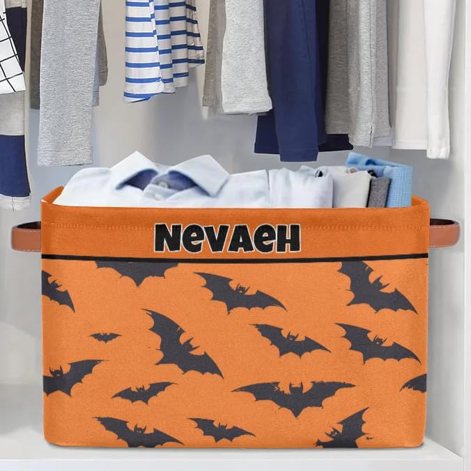 Personalized Kids Toy Box Name, Custom Nursery Baskets Cubes Box, Girls Custom Storage Basket Laundry Baskets Organizer with Handles, Black Bats Pattern Orange Background