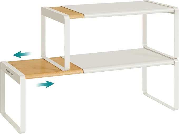 SONGMICS HOME Spice Rack, Expandable Cupboard Shelf Orgnizer,Bamboo | Kitchen Counter Shelves, Bamboo and Metal, Stackable, Natural Beige and Cream White, BYSTRO Collection UKCS051N01