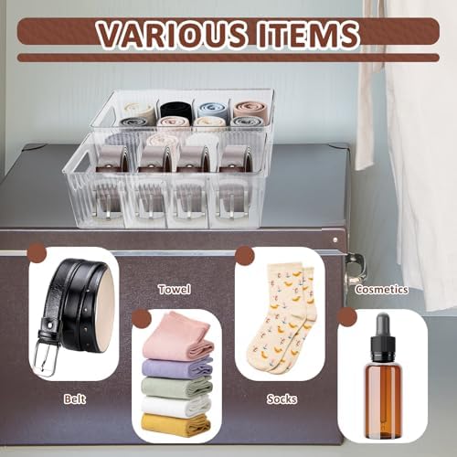 2 Pieces Clear PET Belt Organizer with Removable Dividers, 4 Compartments Adjustable Belt Drawer Organizer, Multi-Purpose Stackable Tie Storage Box for Purse, Underwear, Sock and Closet