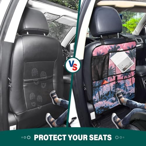 2 Pack Back Seat Car Organizer with Storage Pockets Kick Mats Back Seat Protector Hanging Car Organizer Automotive Seat Back Cover Organizers Palm Tree Wave Pink