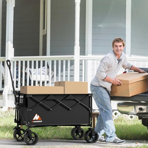 Collapsible Wagon Cart with Wheels Foldable - Folding Utility Heavy Duty Wagons Carts for Grocery Sports Garden Shopping Camping Wheelbarrows (Black200L)