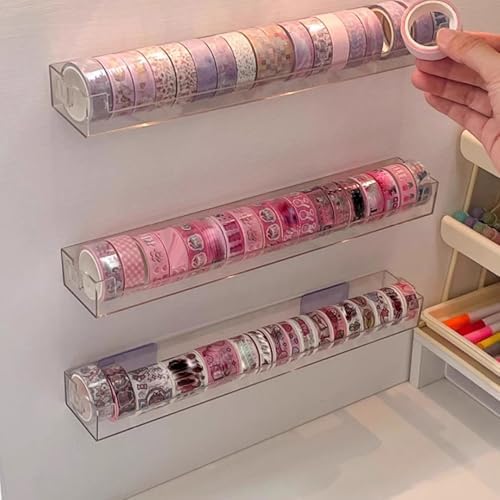 SUNGOOYUE Tape Storage Box, PET Tape Organizer with Adhesive Wall Mounted Design, 2 Pcs 12.4 X 1.97 X 1.18 in, Clear Space Saving Holder for Washi Scrapbooking Craft Room (Transparent)