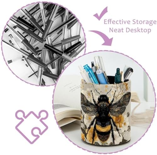 Faux Leather Pen Holder for Desk, Pencil Organizer Cute Bee Pen Cup Desk Decor Makeup Brush Holder Storage for Office Home
