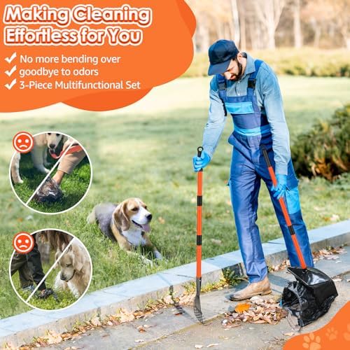 SlowTon Dog Pooper Scooper, 37.4" Long Handle Poop Scoop for Large Dogs | Adjustable, Portable, Non Breakable, with 20 Waste Bags, Swivel Extra Large Bin & Rake & Spade Kit, for Gravel Lawn Grass
