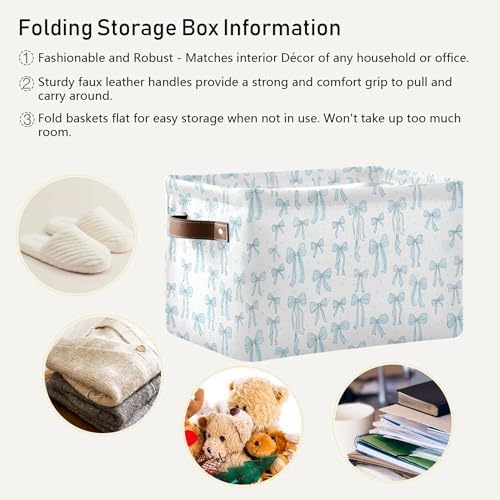 Wamika Bow Blue Storage Basket with Waterproof Liner and PU Handles Bowknot Cute White Storage Bins Boxes 14.2" Collapsible Decorative Organizer Baskets for Bedroom Closet Office 2 Pack