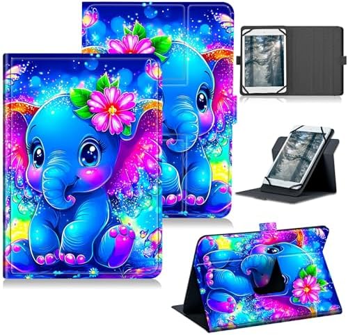 Universal Tablet Case for T-Mobile Revvl Tab 2 10.1" 2025/Revvl Tab 5G 10.36" 2023, 360 Degree Rotating Kickstand Protective Stand PU Leather Shell Cover for 9"-10.5", Blue Elephant Flowers