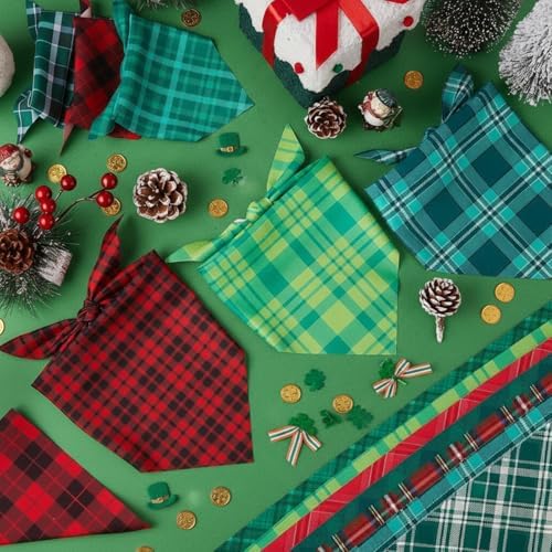 Abbylike 50 Pcs Christmas Plaid Dog Bandanas Bulk Red and Green Gingham Bandanas for Dogs Triangle Kerchief Bib Scarf for Pet Xmas Party Costume Photo Props Accessories, 25 Styles(31.5 x 21.7 x 21.7)