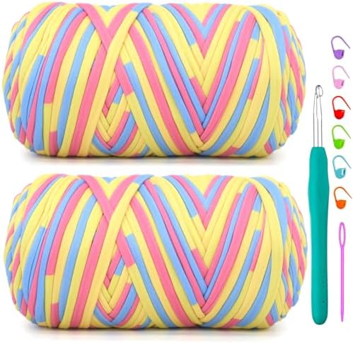 2 Pack Tshirt Yarn for Crochet,Rainbow T Shirt Soft Elastic Fabric Chunky Thick T-Shirt Crochet Yarn for Crocheting Knitting Beginner Hand Knitting Bag/DIY Craft/Home Decor 2 * 400G-Pink Yellow Blue