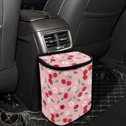 Car Trash Can with Lid - Leak-Proof Garbage Bin, Hanging Waste Basket, Interior Organizer Bag, Cherry Daisy