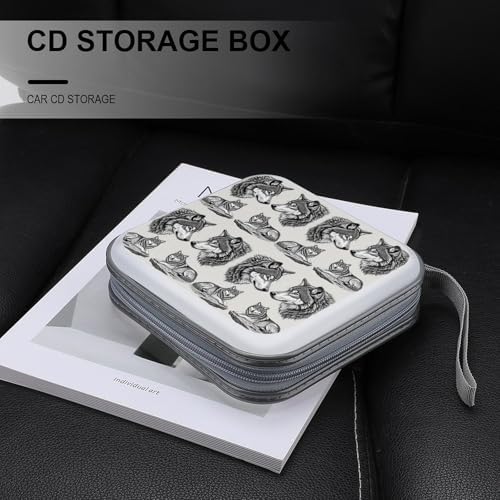 Portable CD Holder Case with Strap Gray Wolf, 40-Capacity Hard Plastic Storage Binder, Protective Wallet for Car Office Travel